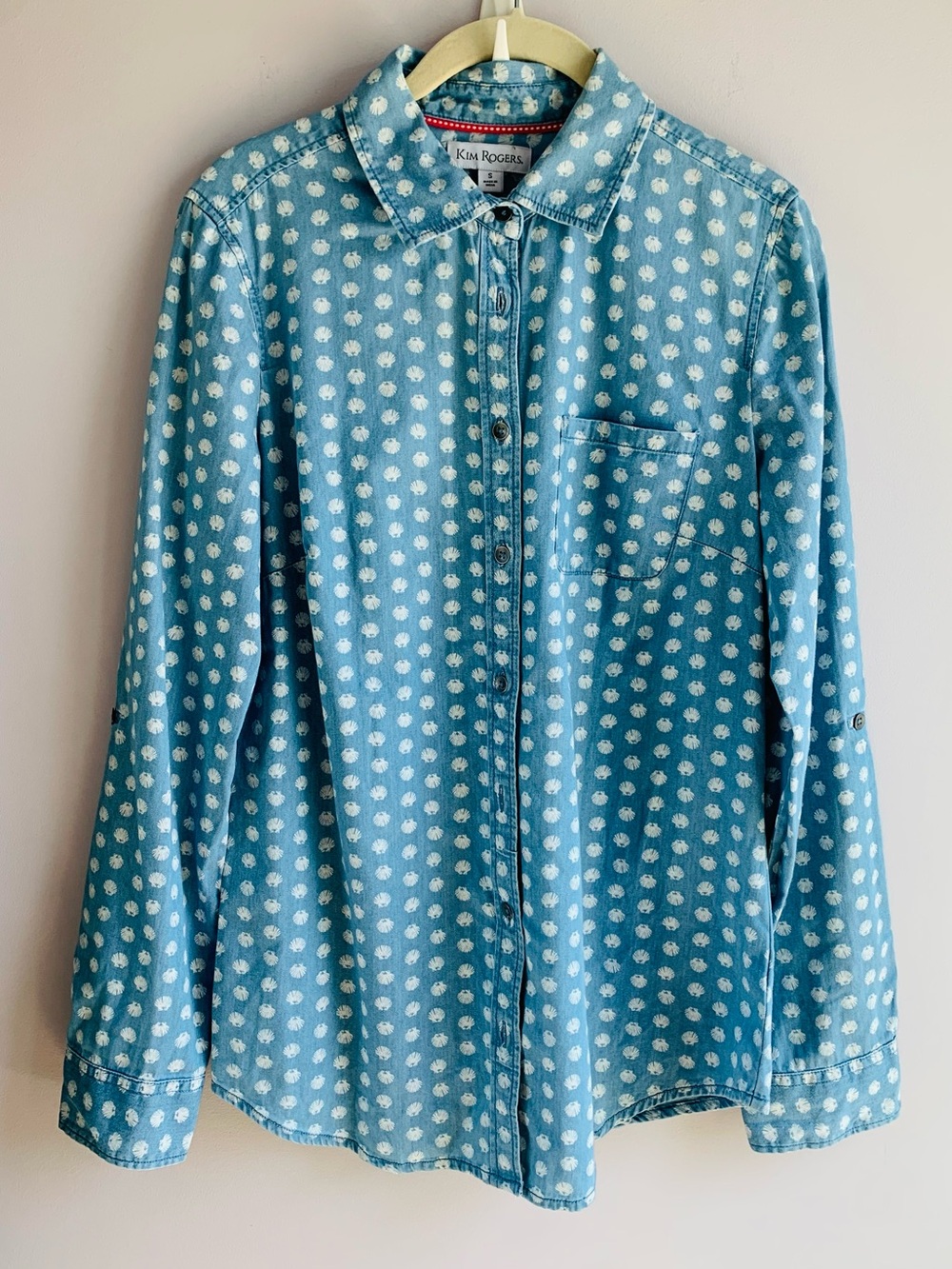 Seashell Shirt Blue White Button Up Cotton Summer Fall Vacation Casual EUC S